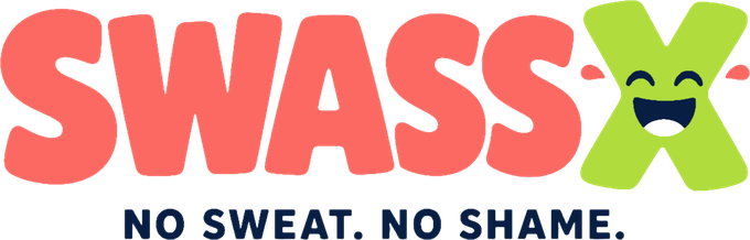 SwassX logo: the word SwassX with a laughing lime-green X, and the tagline No Sweat. No Shame.